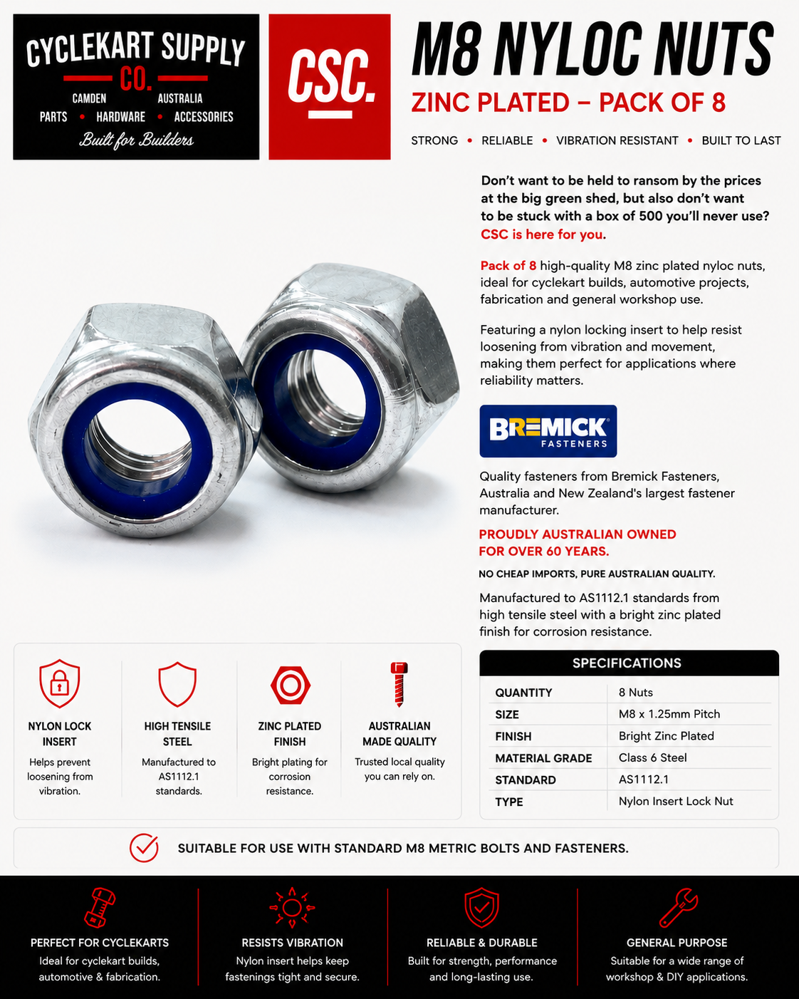 M8 Nyloc Zinc Plated Nut - Pack of 8