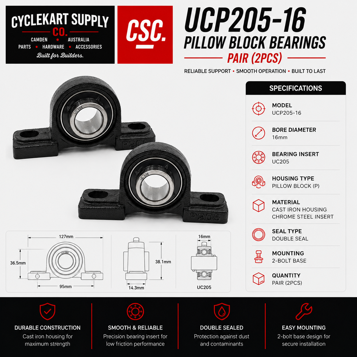 UCP205-16 Pillow Block Bearings - Set of 2