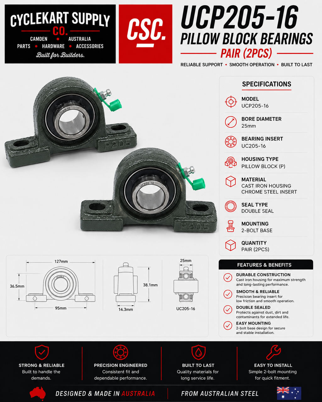 UCP205-16 Pillow Block Bearings - Set of 2