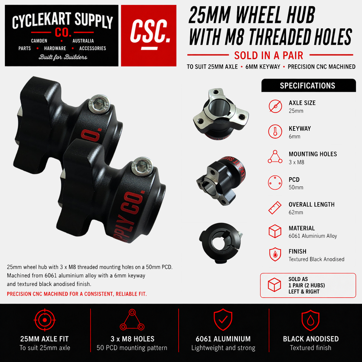 25mm Wheel Hub Pair with M8 Threaded Holes