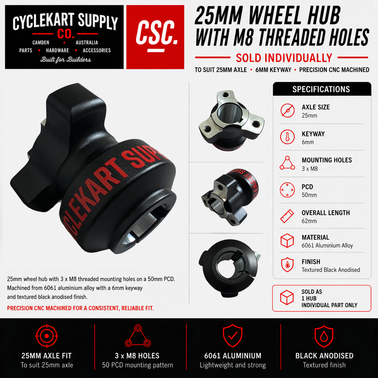 25mm Wheel Hub with M8 Threaded Holes