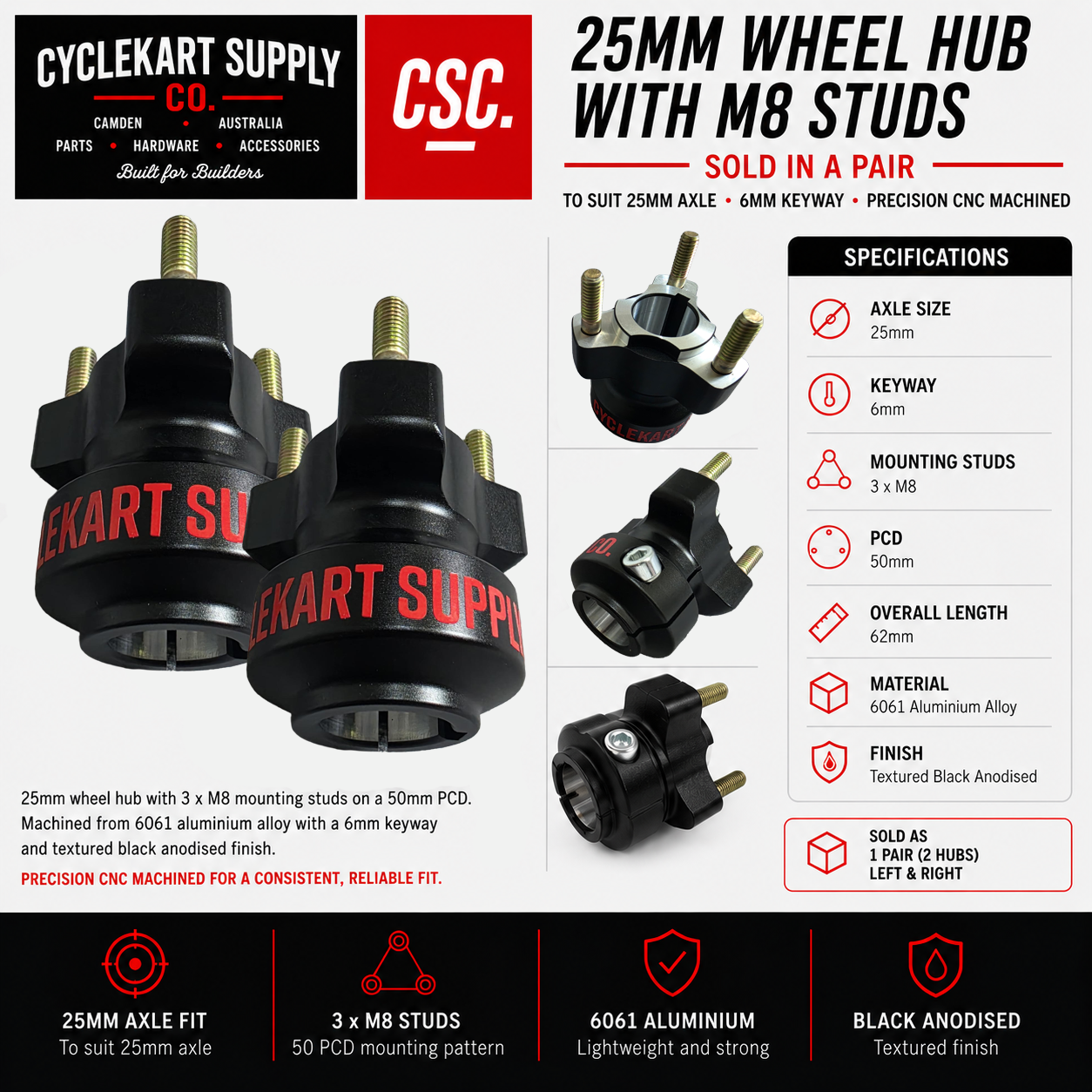 25mm Wheel Hub Pair with M8 Studs